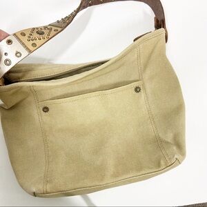 BOHO CANVAS Tote with patchwork leather detailed strap with grommets